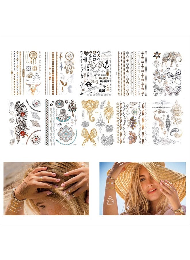 Kare Kind Kare & Kind Temporary Metallic Henna Tattoos for Women Teens Girls - 10 Sheets - Glitter Shimmer Designs Jewelry Fake Tattoo Stickers - 150+ pcs Waterproof Color Flash - Bracelets, Necklace, Anklets - Image 2