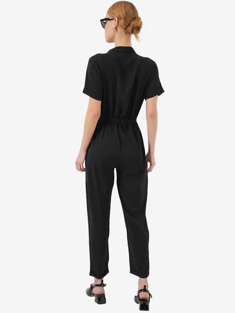 Big Dart Black BDART Solid Woven Shirt-collar Jumpsuit With Bow Detail for Women | Best Price UAE