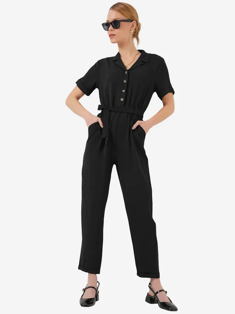 Big Dart Black BDART Solid Woven Shirt-collar Jumpsuit With Bow Detail for Women | Best Price UAE