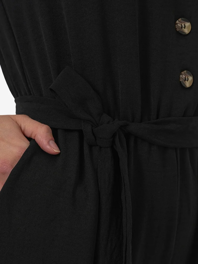 Big Dart Black BDART Solid Woven Shirt-collar Jumpsuit With Bow Detail for Women | Best Price UAE