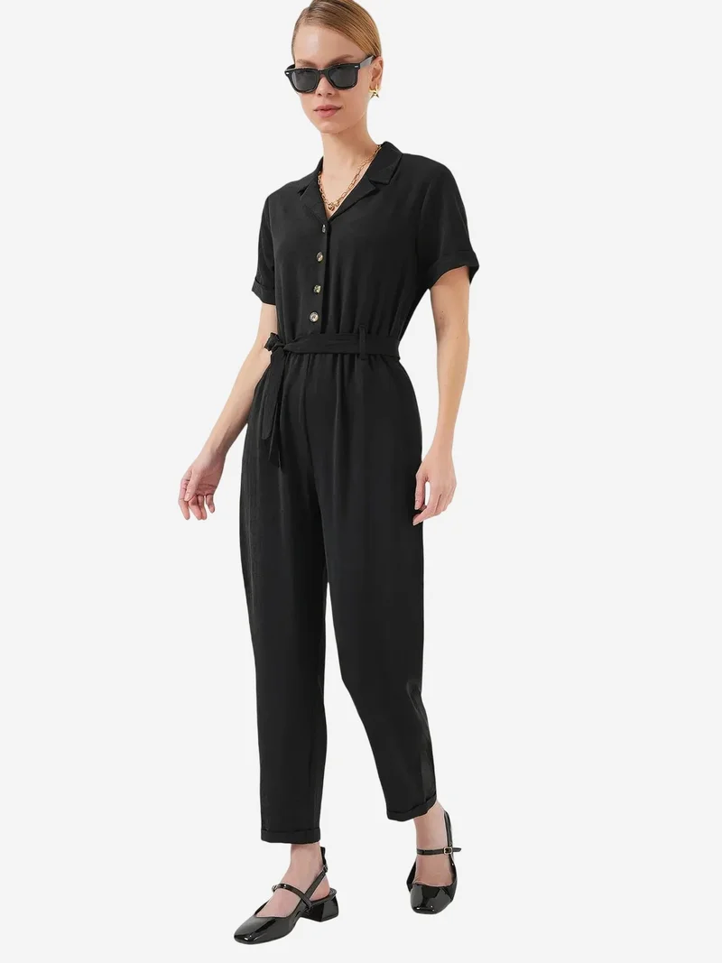 بيغ دارت BDART Solid Woven Shirt-collar Jumpsuit With Bow Detail