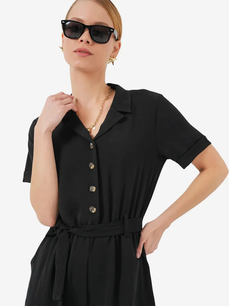 Big Dart Black BDART Solid Woven Shirt-collar Jumpsuit With Bow Detail for Women | Best Price UAE