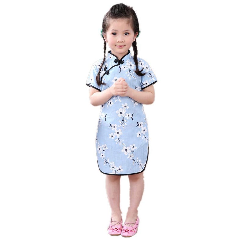 SZCQ Foral Baby Girls Dress New Year Qipao Vintage Chinese Cheongsam Princess Costume (Blue, 2) - Image 5