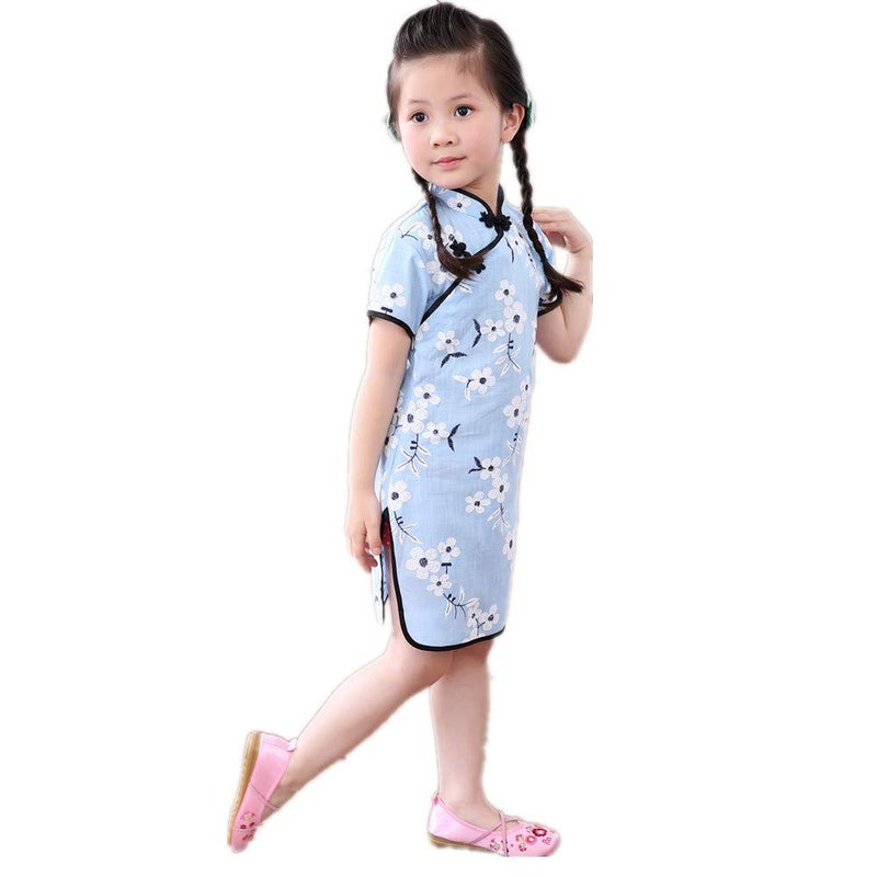 SZCQ Foral Baby Girls Dress New Year Qipao Vintage Chinese Cheongsam Princess Costume (Blue, 2) - Image 4
