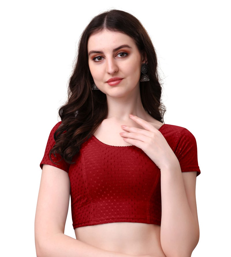 Kipzy Women's Cotton Stretchable Saree Blouse – Round Neck, Short Sleeves, Readymade Slim Fit Blouse for Women Maroon, 34 - Image 1