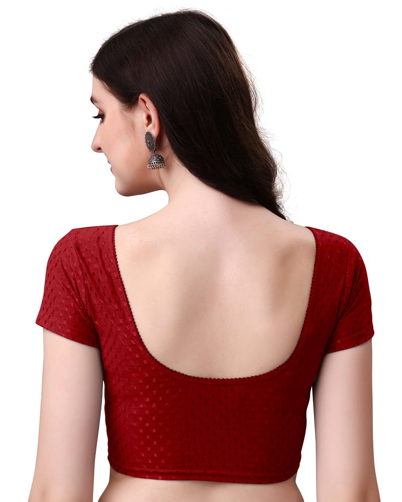 Kipzy Women's Cotton Stretchable Saree Blouse – Round Neck, Short Sleeves, Readymade Slim Fit Blouse for Women Maroon, 34 - Image 4