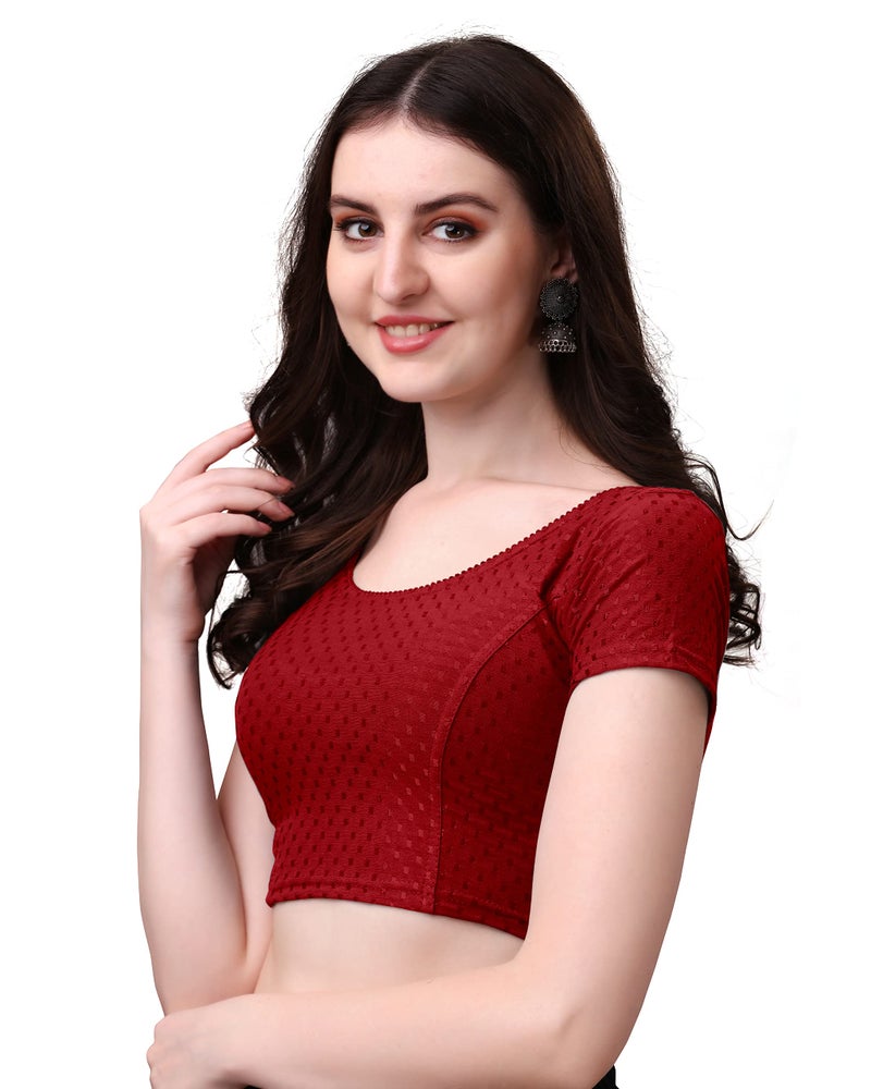Kipzy Women's Cotton Stretchable Saree Blouse – Round Neck, Short Sleeves, Readymade Slim Fit Blouse for Women Maroon, 34 - Image 2
