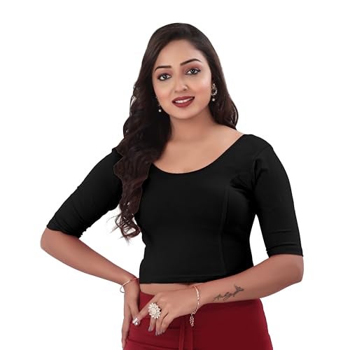 DESI GIRL - Round Neck Cotton Lycra Regular Fit Saree Blouse for Women | Bracelet - 3/4 Sleeve Readymade Stretchy Embroidered Design Festive Blouse Perfect for Saree, Lehenga, Kurti | Black - 40 - Image 1