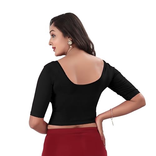 DESI GIRL - Round Neck Cotton Lycra Regular Fit Saree Blouse for Women | Bracelet - 3/4 Sleeve Readymade Stretchy Embroidered Design Festive Blouse Perfect for Saree, Lehenga, Kurti | Black - 40 - Image 3