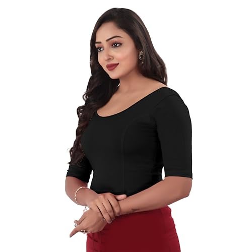 DESI GIRL - Round Neck Cotton Lycra Regular Fit Saree Blouse for Women | Bracelet - 3/4 Sleeve Readymade Stretchy Embroidered Design Festive Blouse Perfect for Saree, Lehenga, Kurti | Black - 40 - Image 2
