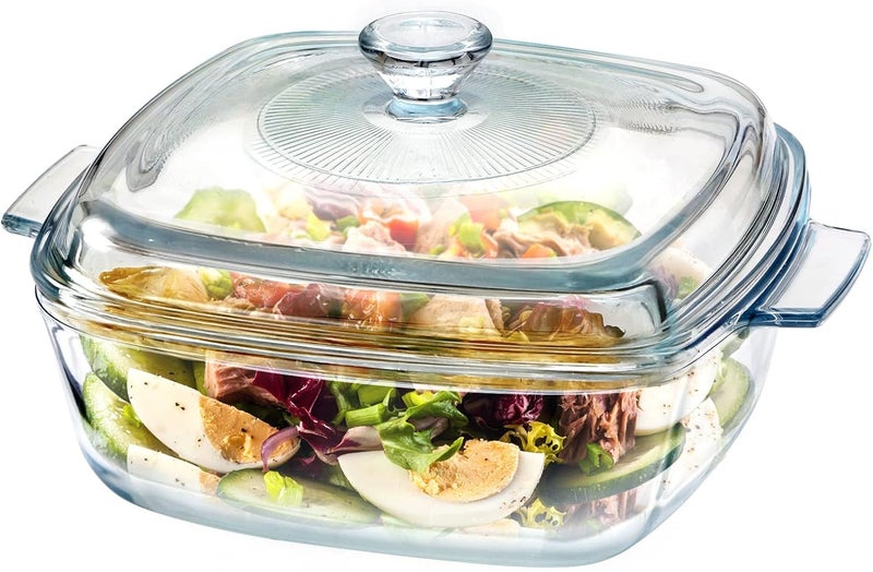 BINZO Glass Square Casserole, 1500 ml, 1.5 Litre, Big Large Size Dish with Glass Lid, Pack of 1, Microwave Oven Safe, Serving Casseroles for Sabzi - Image 1