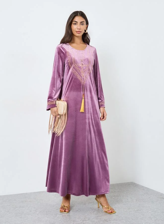 Amirah Velvet Look Embroidered Jalabiya with Tassel Detail