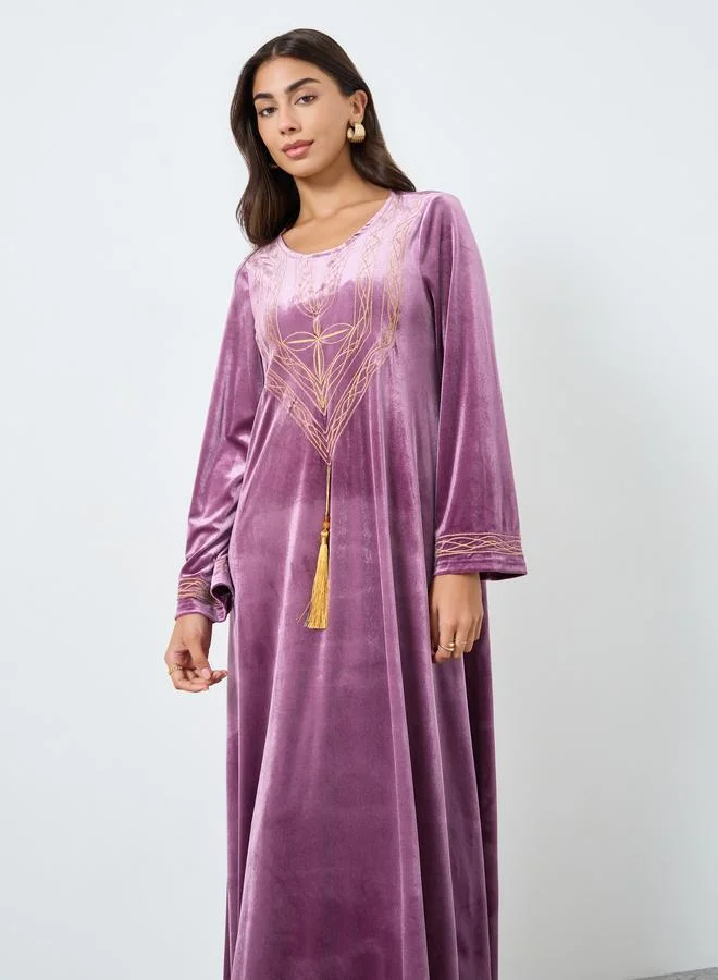 Amirah Velvet Look Embroidered Jalabiya with Tassel Detail