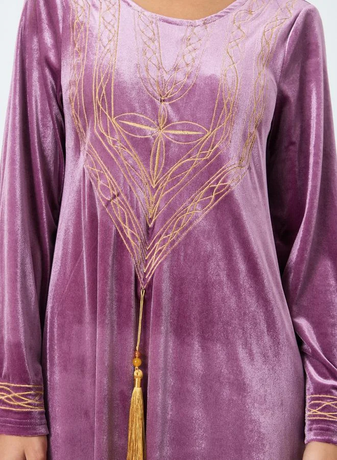 Amirah Velvet Look Embroidered Jalabiya with Tassel Detail