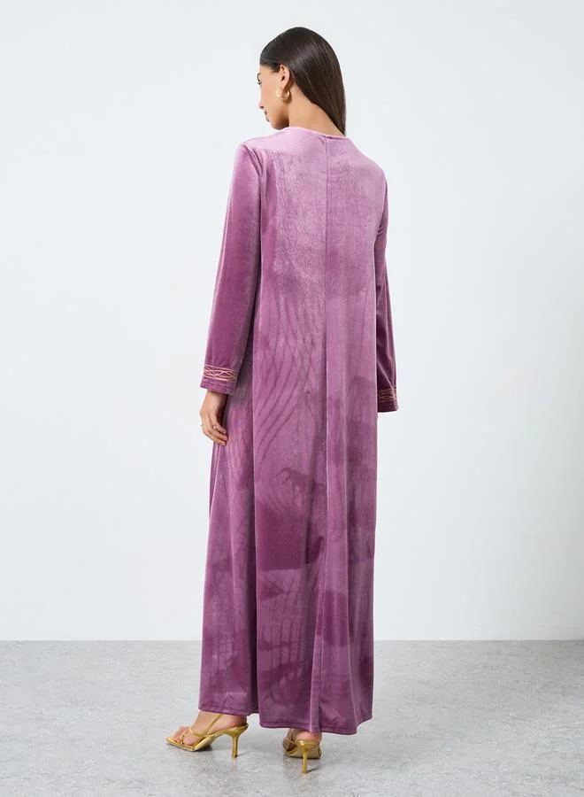 Amirah Velvet Look Embroidered Jalabiya with Tassel Detail
