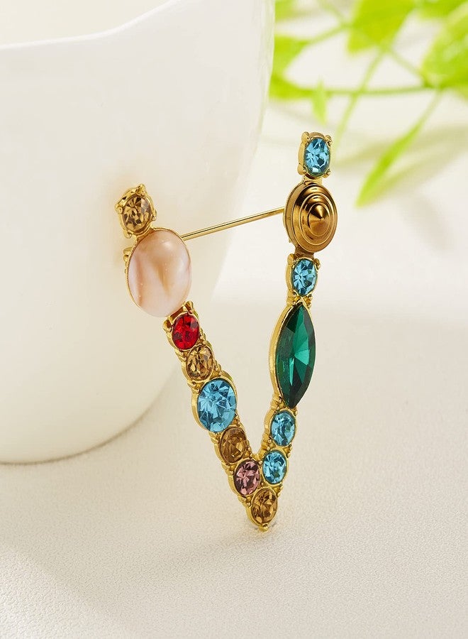 RINHOO Crystal Pearl Initial Brooch Gold Plated Enamel Colorful Letter Alphabet Breastpin Pin Jewelry for GIFTS (Gold V) - Image 2