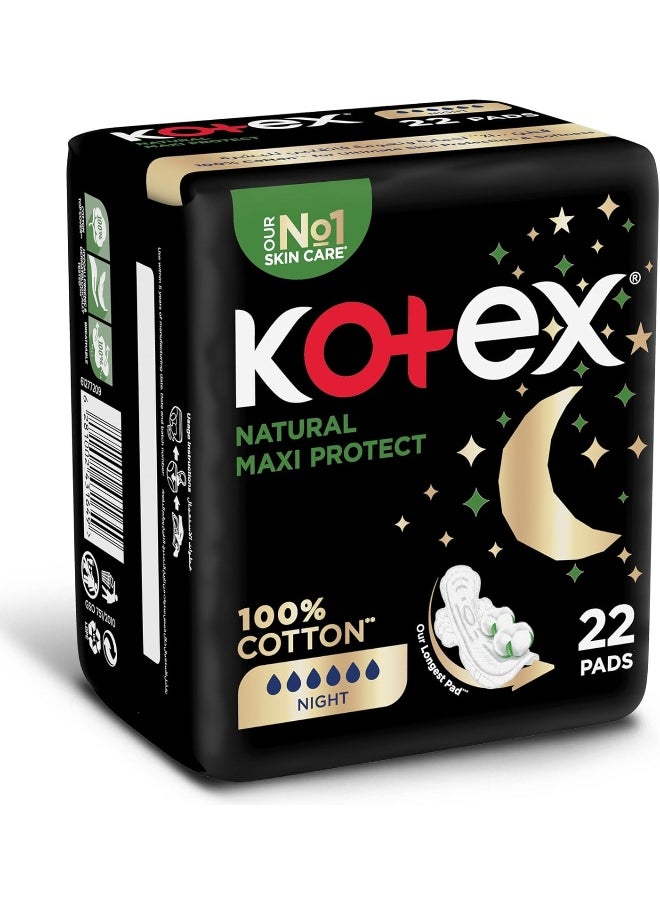 Kotex Kotex Natural Maxi Protect Thick Pads, 100% Cotton Pad, Overnight Protection Sanitary Pads with Wings, 22  - Image 2
