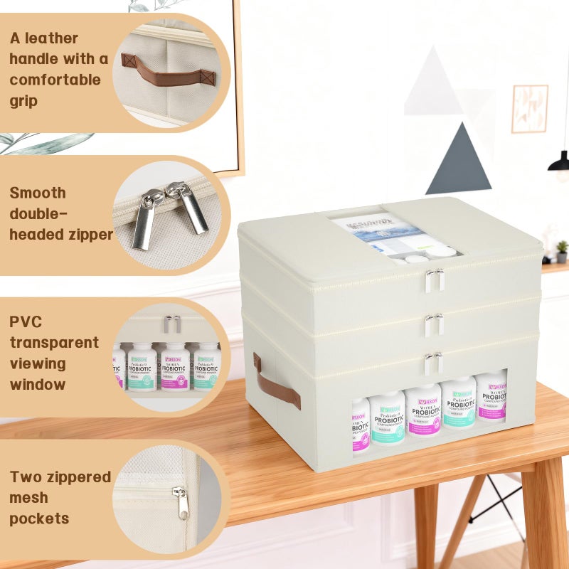 Whiidoom 3-Tier Medicine Cabinet Organizer, Fabric Medicine Organizer for Cabinet with Leather Handle, Medicine Storage Box for First Aid, Organizers and Storage Home Must Haves (Beige) - Image 3