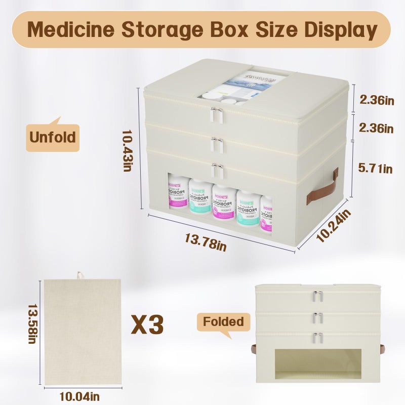 Whiidoom 3-Tier Medicine Cabinet Organizer, Fabric Medicine Organizer for Cabinet with Leather Handle, Medicine Storage Box for First Aid, Organizers and Storage Home Must Haves (Beige) - Image 2