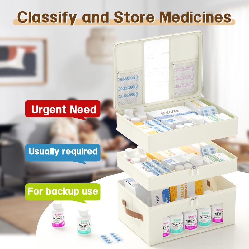 Whiidoom 3-Tier Medicine Cabinet Organizer, Fabric Medicine Organizer for Cabinet with Leather Handle, Medicine Storage Box for First Aid, Organizers and Storage Home Must Haves (Beige) - Image 5