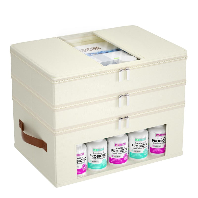 Whiidoom 3-Tier Medicine Cabinet Organizer, Fabric Medicine Organizer for Cabinet with Leather Handle, Medicine Storage Box for First Aid, Organizers and Storage Home Must Haves (Beige) - Image 1