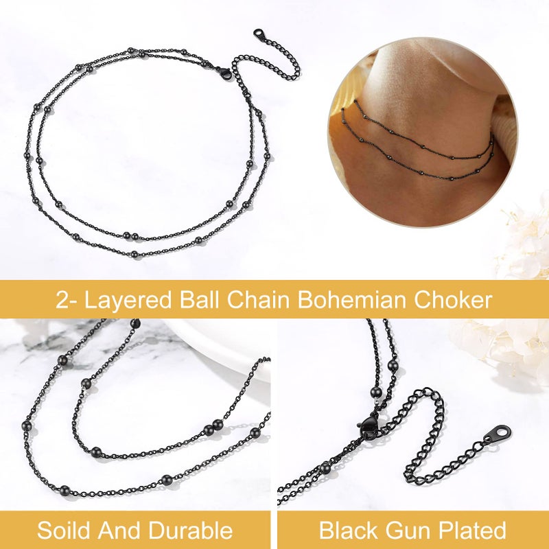 FOCALOOK Choker Necklace for Women Beaded Chain Double Layered Necklace Black Metal Boho Necklaces for Women - Image 3