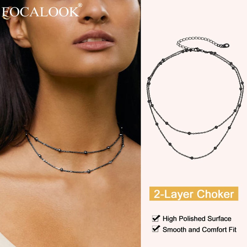 FOCALOOK Choker Necklace for Women Beaded Chain Double Layered Necklace Black Metal Boho Necklaces for Women - Image 2