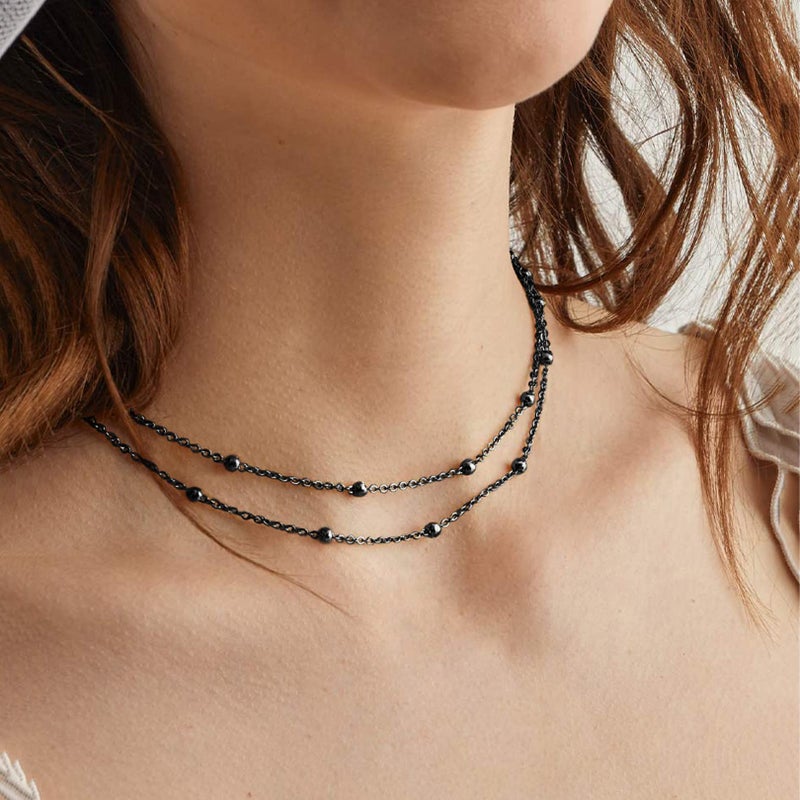 FOCALOOK Choker Necklace for Women Beaded Chain Double Layered Necklace Black Metal Boho Necklaces for Women - Image 4