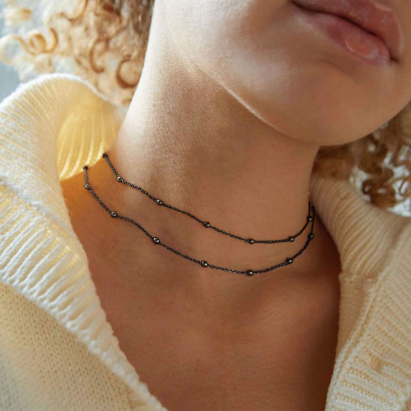 FOCALOOK Choker Necklace for Women Beaded Chain Double Layered Necklace Black Metal Boho Necklaces for Women - Image 5