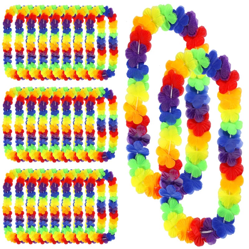 Hoteam 24 Counts Hawaiian Leis Necklace Tropical Flower Lei Floral Luau Party Decorations Hawaiian Flower Necklace Luau Necklaces Hula Dance Garland Headbands for Beach Birthday Wedding Party (Rainbow)  - Image 1
