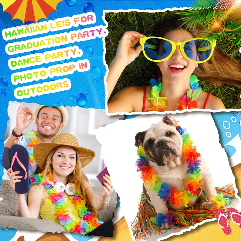 Hoteam 24 Counts Hawaiian Leis Necklace Tropical Flower Lei Floral Luau Party Decorations Hawaiian Flower Necklace Luau Necklaces Hula Dance Garland Headbands for Beach Birthday Wedding Party (Rainbow)  - Image 4