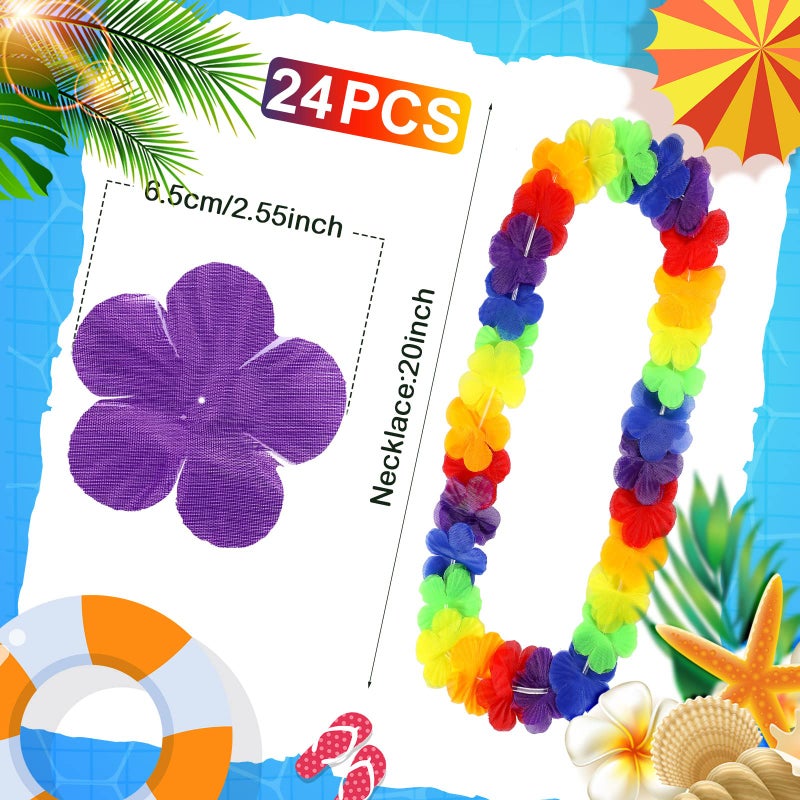 Hoteam 24 Counts Hawaiian Leis Necklace Tropical Flower Lei Floral Luau Party Decorations Hawaiian Flower Necklace Luau Necklaces Hula Dance Garland Headbands for Beach Birthday Wedding Party (Rainbow)  - Image 2