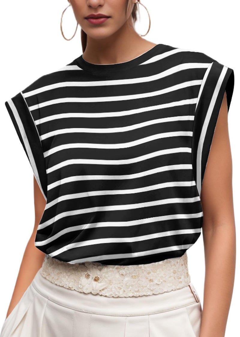 GRECERELLE Womens 2026 Summer Cap Sleeve Casual Basic Tops T-Shirts Loose Crew Neck Tank Fashion Clothes, Black White Stripe, Large - Image 1
