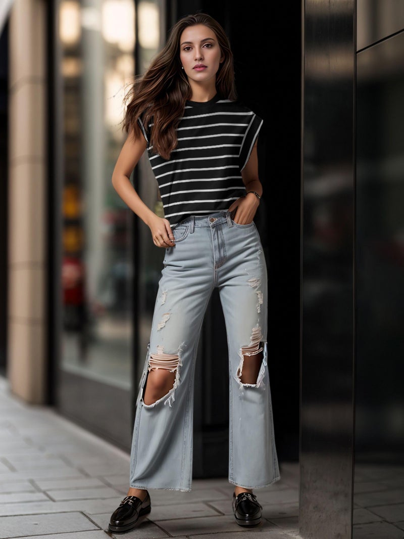 GRECERELLE Womens 2026 Summer Cap Sleeve Casual Basic Tops T-Shirts Loose Crew Neck Tank Fashion Clothes, Black White Stripe, Large - Image 2