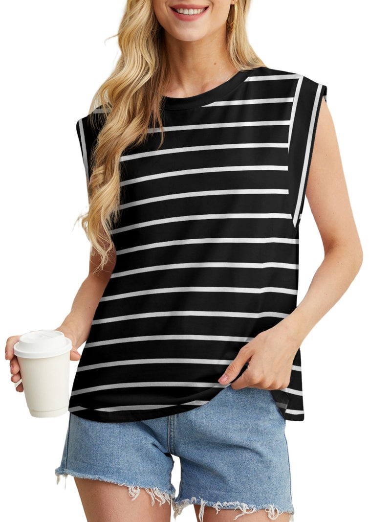 GRECERELLE Womens 2026 Summer Cap Sleeve Casual Basic Tops T-Shirts Loose Crew Neck Tank Fashion Clothes, Black White Stripe, Large - Image 5