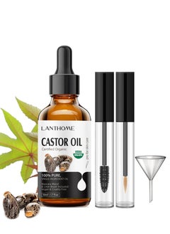 Organic Castor Oil for Hair Growth (50ml), USDA Organic Compliant, 100% Natural Castor Oil Organic Cold Pressed for Eyelash Growth, Ethane Free, Includes Mascara Starter Kit.