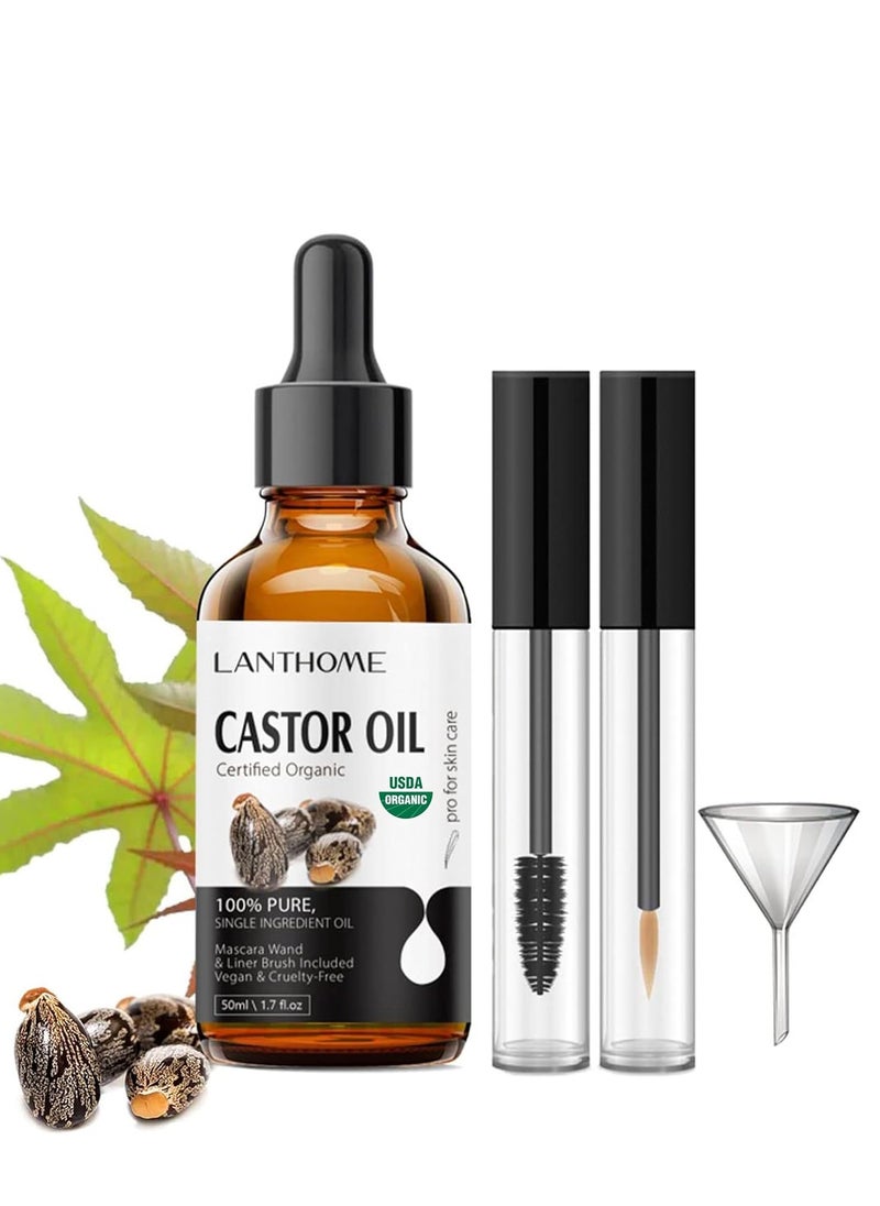 Lanthome - Organic Castor Oil for Hair Growth (50ml), USDA Organic Compliant, 100% Natural Castor Oil Organic Cold Pressed for Eyelash Growth, Ethane Free, Includes Mascara Starter Kit. - Image 1