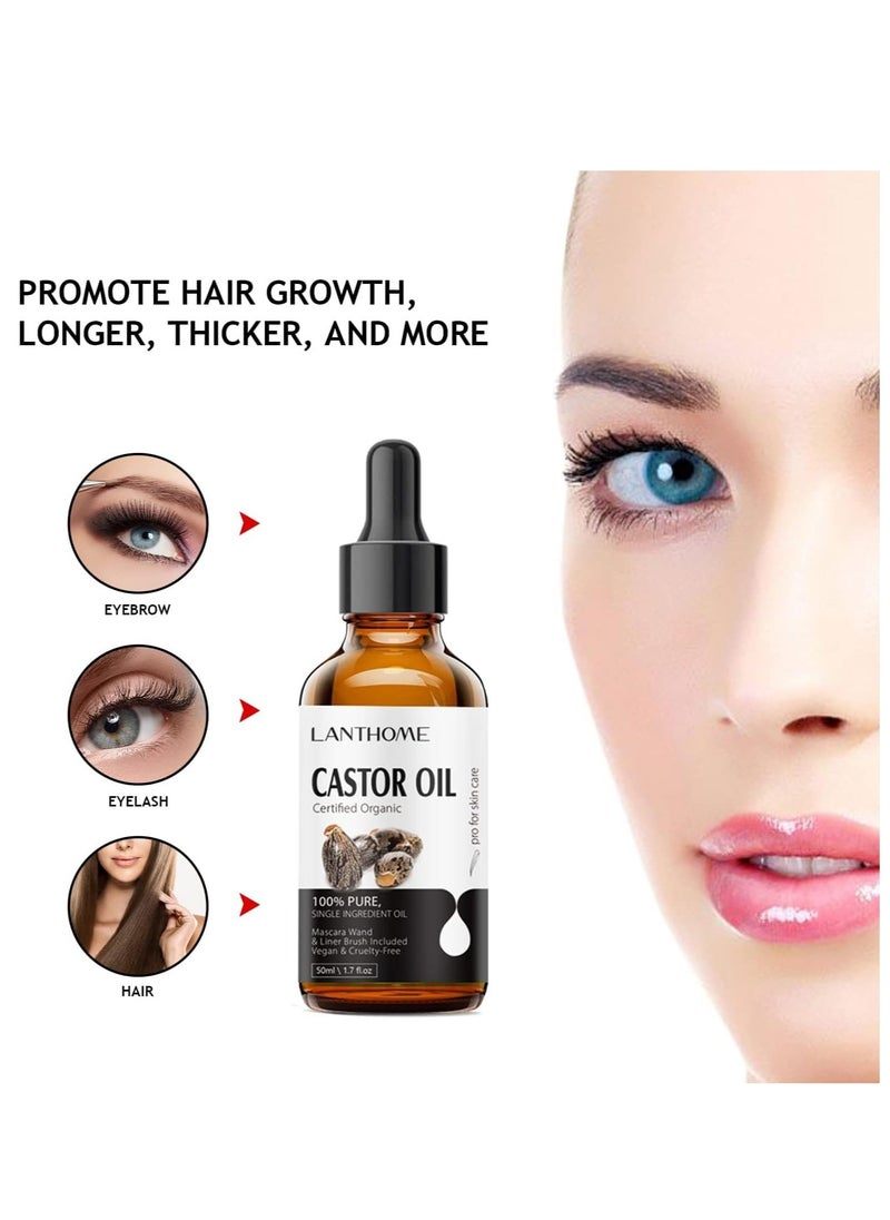 Lanthome - Organic Castor Oil for Hair Growth (50ml), USDA Organic Compliant, 100% Natural Castor Oil Organic Cold Pressed for Eyelash Growth, Ethane Free, Includes Mascara Starter Kit. - Image 1