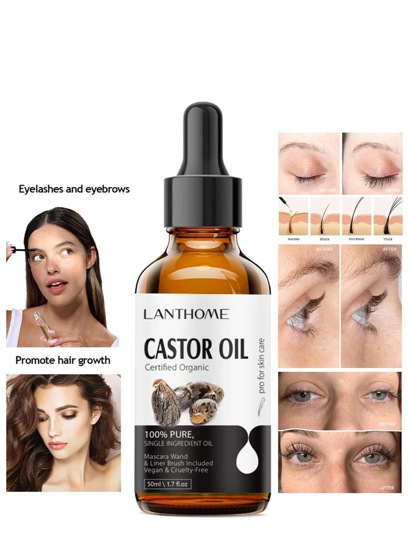 Lanthome - Organic Castor Oil for Hair Growth (50ml), USDA Organic Compliant, 100% Natural Castor Oil Organic Cold Pressed for Eyelash Growth, Ethane Free, Includes Mascara Starter Kit. - Image 1