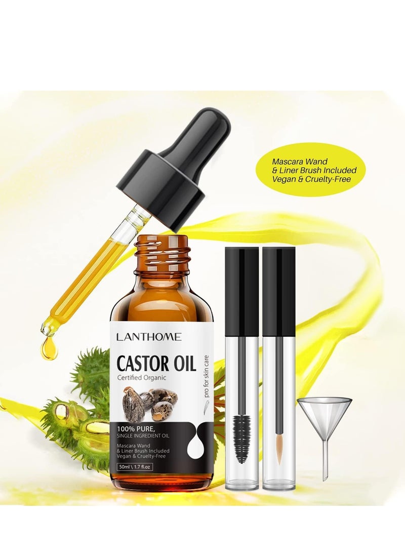 Lanthome - Organic Castor Oil for Hair Growth (50ml), USDA Organic Compliant, 100% Natural Castor Oil Organic Cold Pressed for Eyelash Growth, Ethane Free, Includes Mascara Starter Kit. - Image 1