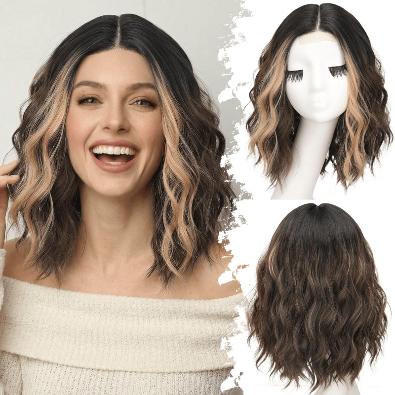 Eawwii Dark Brown Mixed Blonde Short Wavy Wig for Women Lace Hairline Bob Style Synthetic Heat Resistant - Natural Appearance for Everyday Hairstyle 14 Inch - Image 1