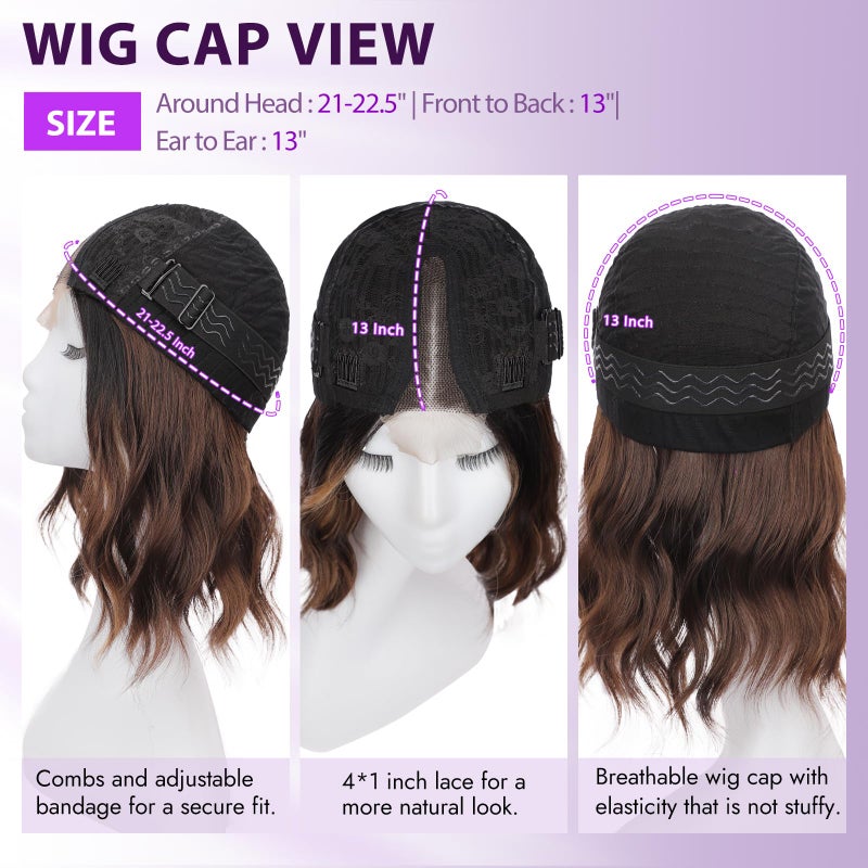 Eawwii Dark Brown Mixed Blonde Short Wavy Wig for Women Lace Hairline Bob Style Synthetic Heat Resistant - Natural Appearance for Everyday Hairstyle 14 Inch - Image 4