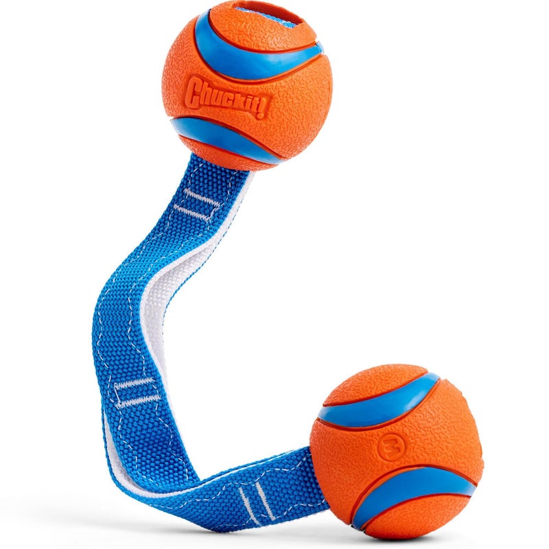 Chuckit! Ultra Duo Tug Dog Toy - Two Ultra Balls on a Durable Nylon Cord Handle - Fetch and Tug-of-War Toy for Dogs - Size Medium - For Breeds 20-60 lbs - 2.5-inch Diameter - Orange and Blue - Image 1