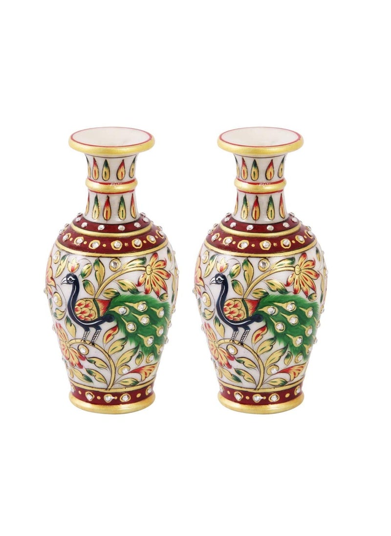 Handicrafts Paradise Handicrafts Paradise Marble Flower Pot Pair with Beautiful Peacock Painted in Rajasthani Design for Home and Indoor Decoration  - Image 2