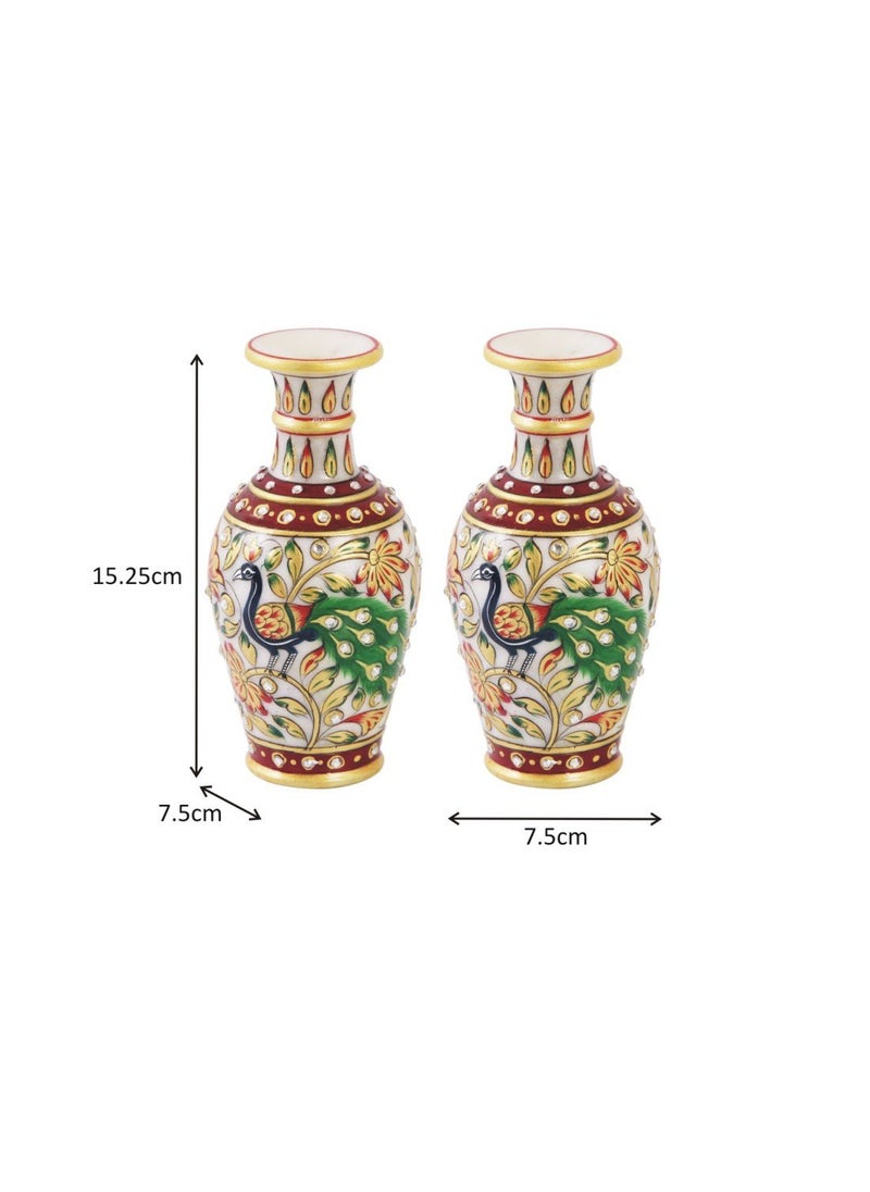 Handicrafts Paradise Handicrafts Paradise Marble Flower Pot Pair with Beautiful Peacock Painted in Rajasthani Design for Home and Indoor Decoration  - Image 3