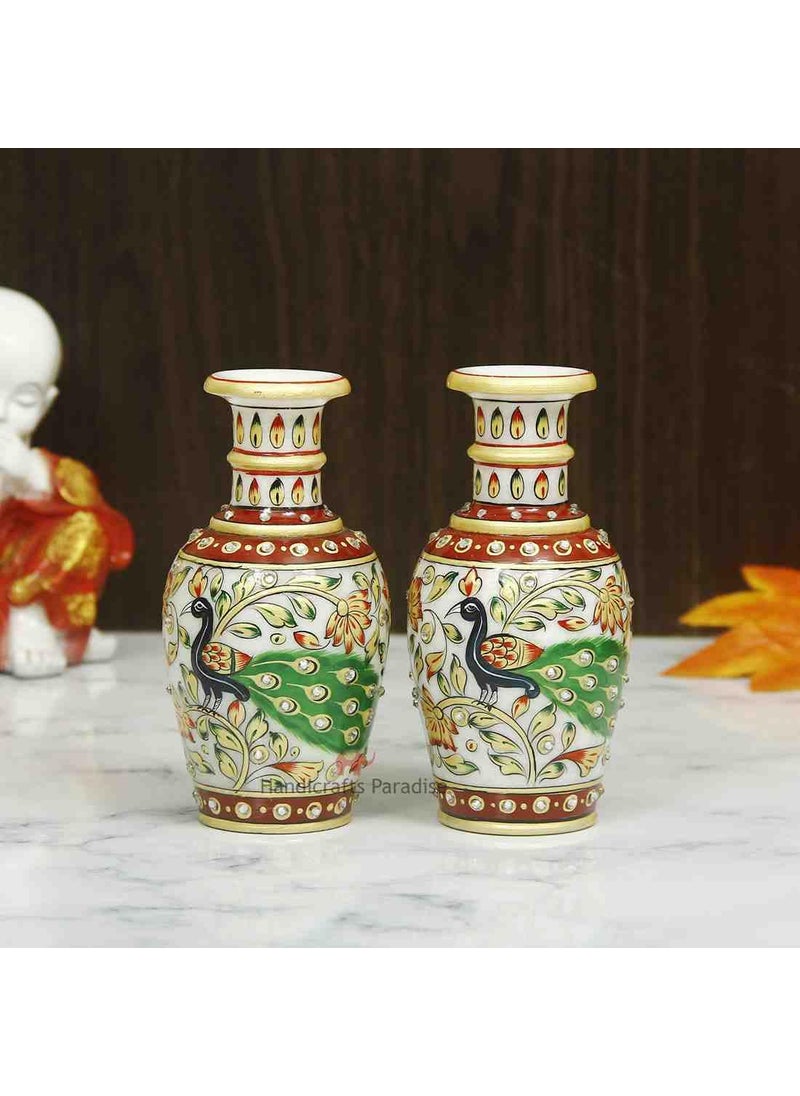 Handicrafts Paradise Handicrafts Paradise Marble Flower Pot Pair with Beautiful Peacock Painted in Rajasthani Design for Home and Indoor Decoration  - Image 1