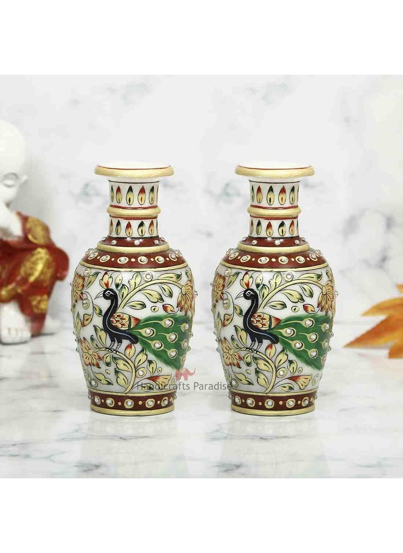 Handicrafts Paradise Handicrafts Paradise Marble Flower Pot Pair with Beautiful Peacock Painted in Rajasthani Design for Home and Indoor Decoration  - Image 4