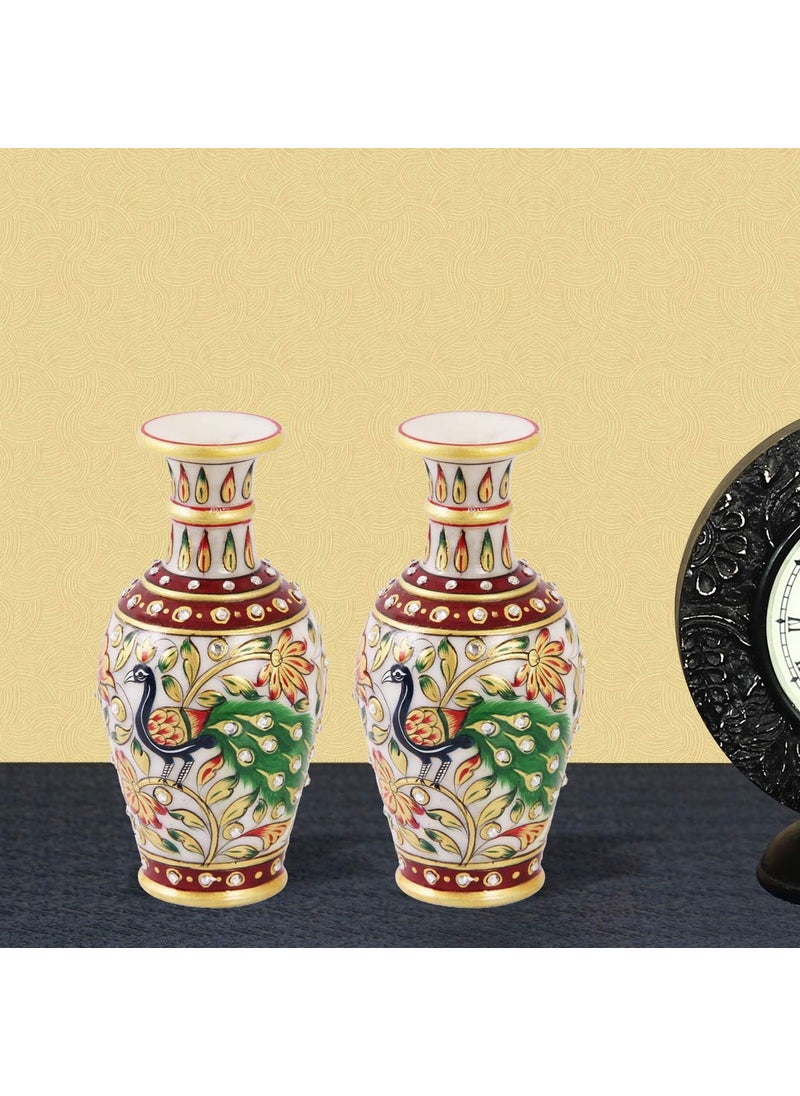 Handicrafts Paradise Handicrafts Paradise Marble Flower Pot Pair with Beautiful Peacock Painted in Rajasthani Design for Home and Indoor Decoration  - Image 5