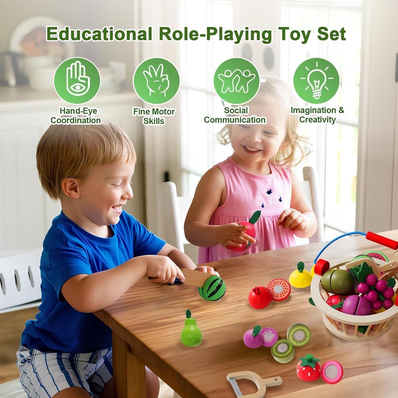 Smartwo Children's Dinette 3 4 Years, Wooden Fruit Basket, Wooden Fruits to Cut, Kitchen Food Toys, Fruits and Vegetables Children's Games, Girl Boy Gift 3 4 5 Years Old - Image 3