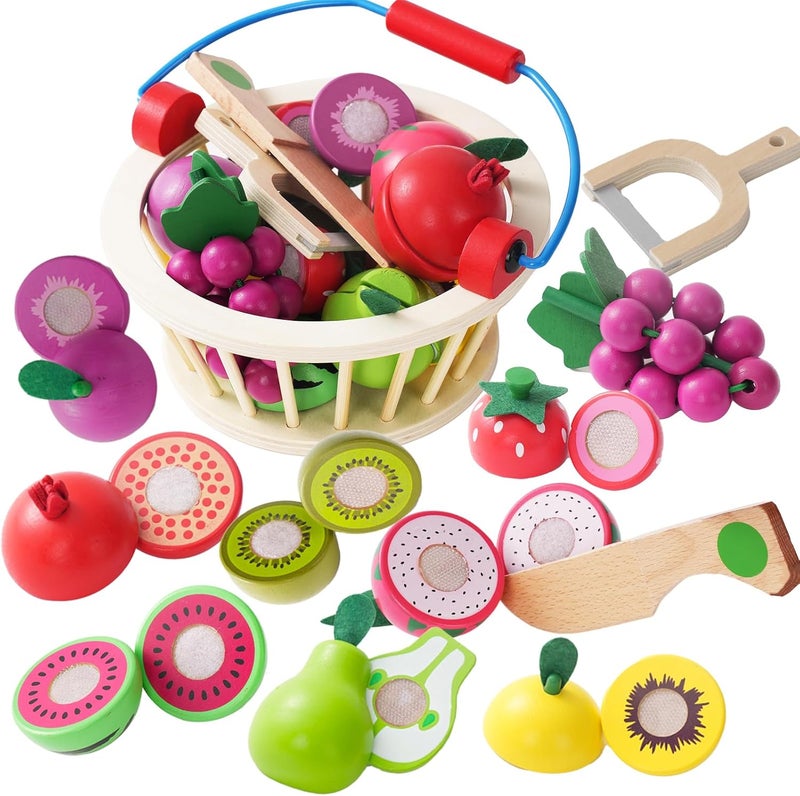 Smartwo Children's Dinette 3 4 Years, Wooden Fruit Basket, Wooden Fruits to Cut, Kitchen Food Toys, Fruits and Vegetables Children's Games, Girl Boy Gift 3 4 5 Years Old - Image 1